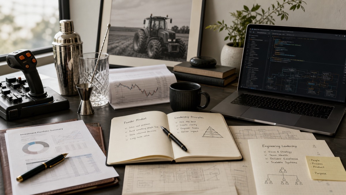 Editorial desk composition with farming, hospitality, finance, software, founder, and engineering leadership references